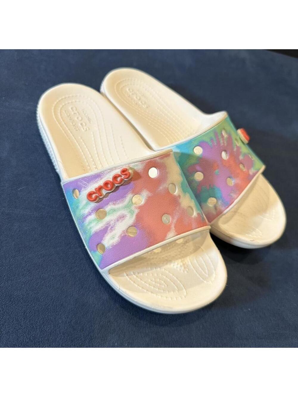 Crocs Tie Dye Slides with multicolored tie-dye pattern